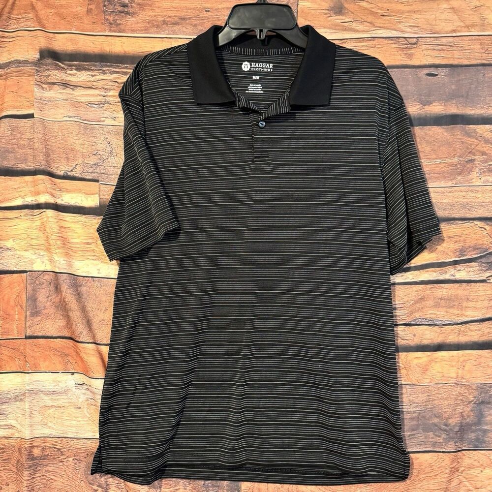 Haggar Golf Polo Shirt Men Medium M Black Textured White Micro Stripe Performanc